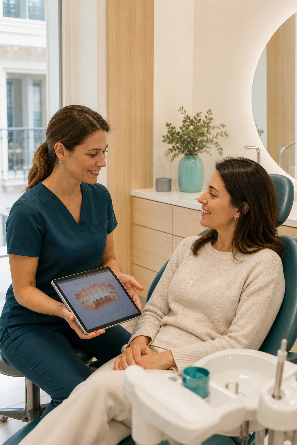 Dentista explicando un escáner digital a su paciente